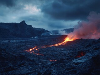 Dramatic Erupting Volcano in Remote Volcanic Landscape