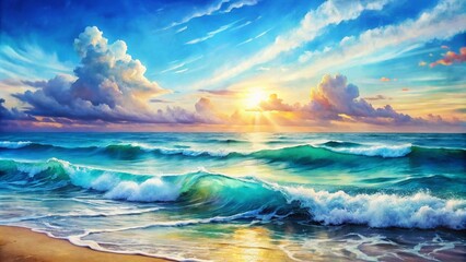 Obraz premium Serene Ocean in Watercolor: A Panoramic View of Gentle Waves and Soft Hues Capturing the Tranquility of the Sea