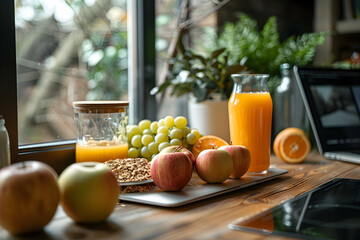 Cereals, apples and glass of orange juice near laptop on table in kitchen