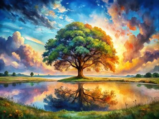 Serene Panoramic View of a Watercolor Tree in a Dreamy Landscape Perfect for Nature and Art Photography