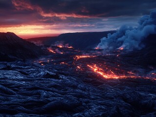 Dramatic Volcanic Eruption Illuminating Rugged Mountainous Landscape at Sunset