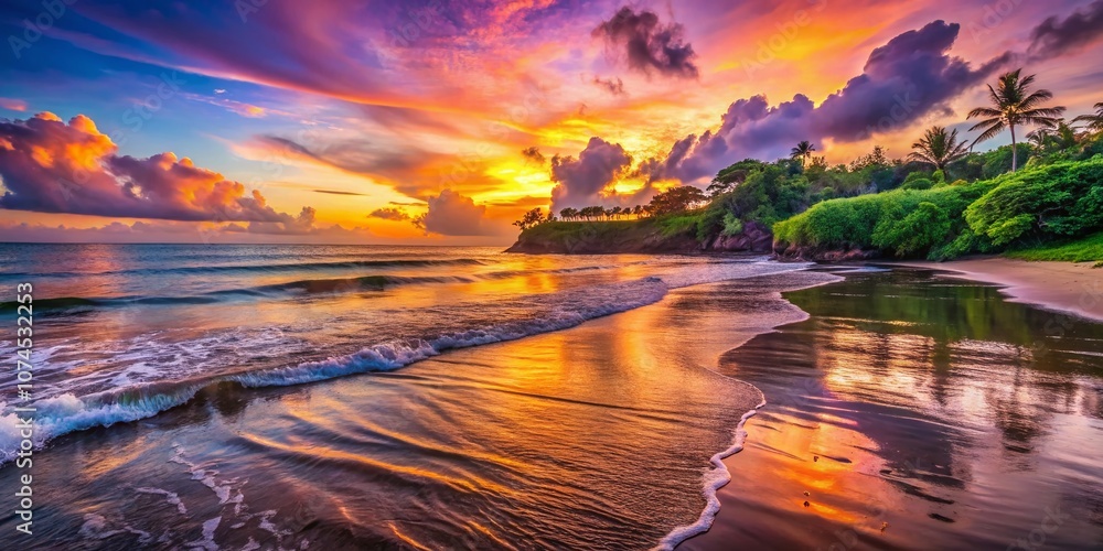 Poster serene pererenan beach at sunset with gentle waves and lush greenery captured using the rule of thir