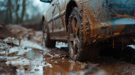 A blue car navigates through a muddy road with water splashing around it