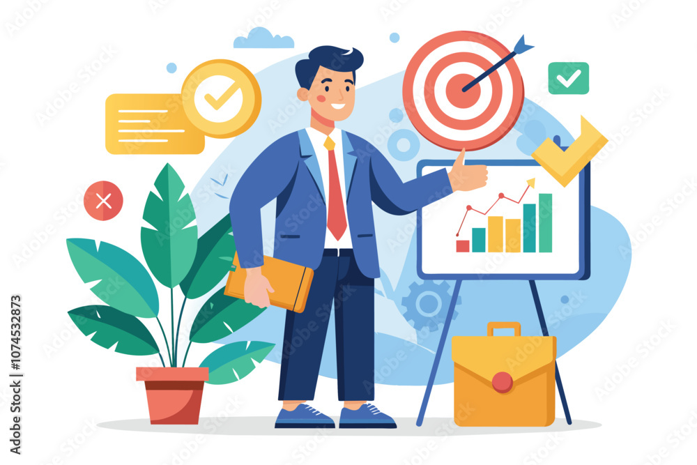 Poster a manager explains business objectives and performance metrics using visual graphics and charts mana