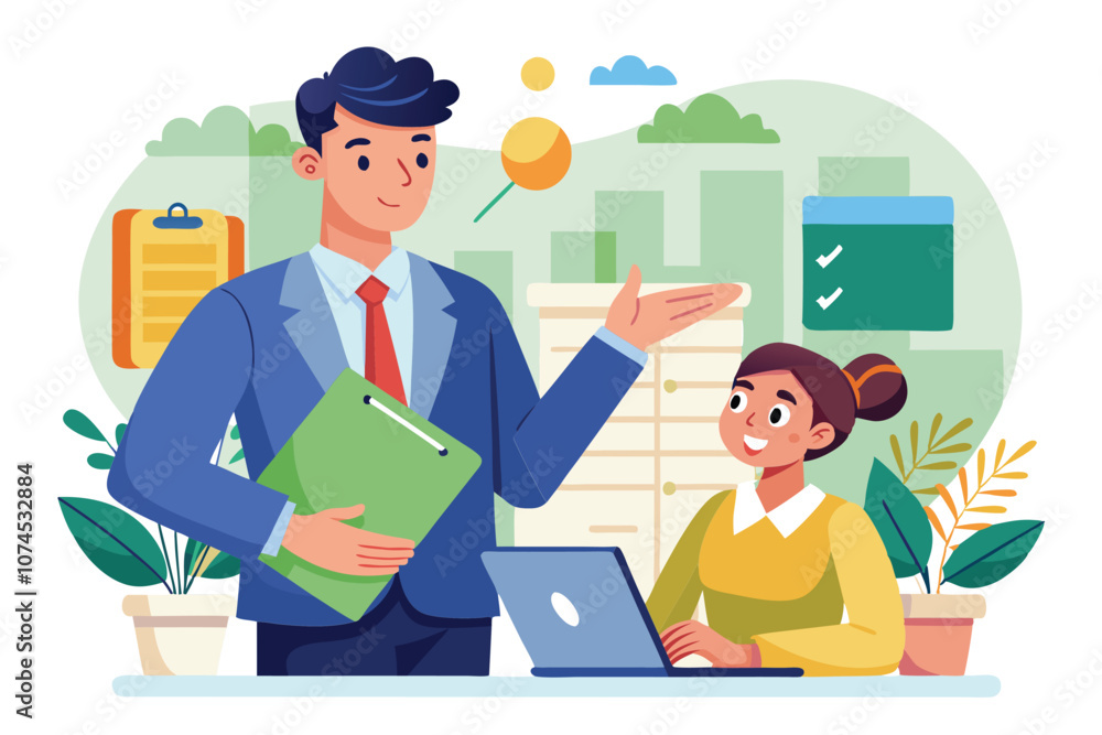 Poster a manager efficiently explains tasks to an employee sitting at a desk with a laptop in a modern offi