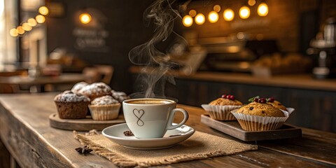 Tilt-Shift Photography of a Charming Coffee Cup Surrounded by Cozy Café Ambience, Warm Lighting, and Delicious Pastries for Inviting Coffee Lovers and Aesthetic Enthusiasts