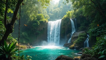 Fototapeta premium Lush jungle waterfall cascading into turquoise pool