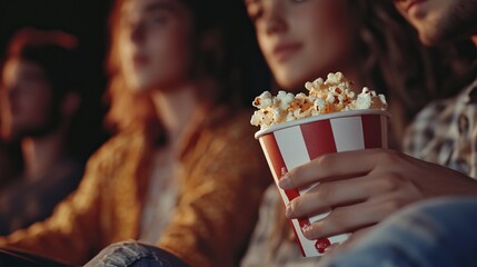 Closeup shot focused on hands of young people eating popcorn in a movie theater