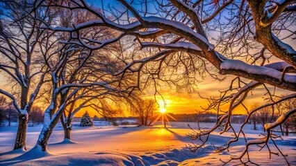 Serene Sunset Through Winter Branches in a Park, Capturing the Tranquil Beauty of Nature's Evening Glow with a Soft, Dreamy Atmosphere