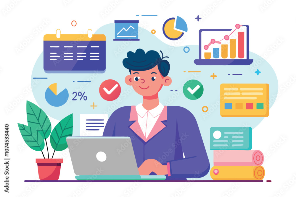 Poster a manager works at a laptop, planning tasks and monitoring progress with charts and data in a bright
