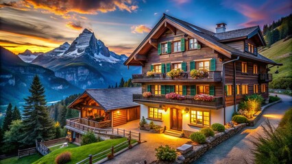 Fototapeta premium Serene Swiss Chalet at Dusk: A Cozy Retreat with Large Windows and Balconies Surrounded by Majestic Mountains and Glowing Lights in a Captivating Low Light Atmosphere