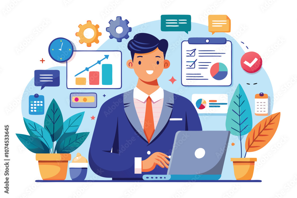 Poster a manager utilizes various digital tools to plan and monitor work tasks efficiently in an office env