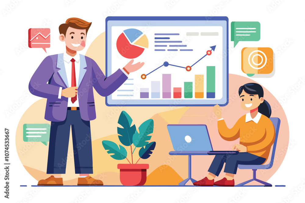 Poster a manager shares key statistics and visual data insights with a team member in a meeting manager pre