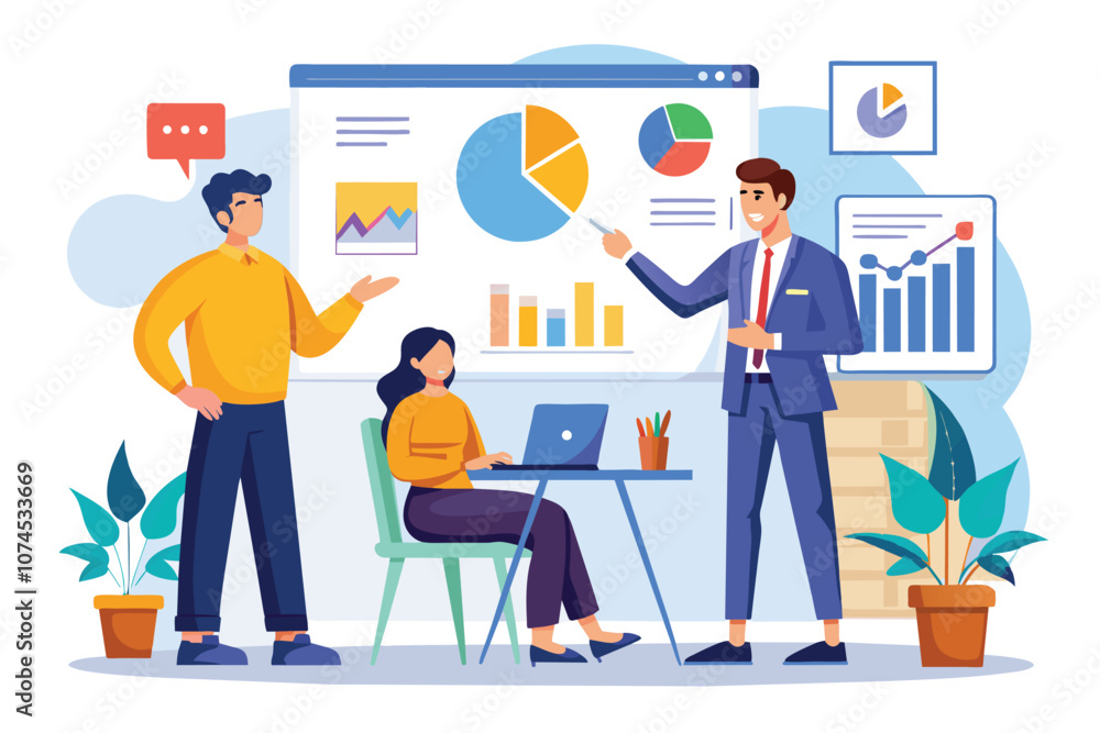 Poster a manager discusses charts and stats with two employees in a contemporary office setting manager pre