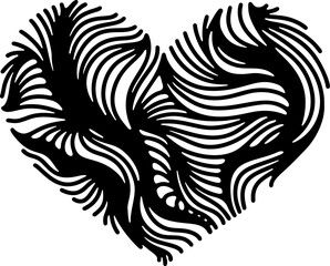 Decorative heart shape with wavy ornament pattern. Trendy design composition. Vector illustration in hand drawn sketch doodle style. Line art isolated on white for print