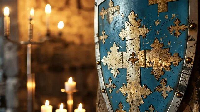 Ancient Medieval Shield With Cross, Decorated in Blue and Silver