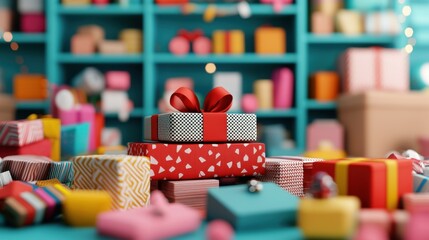 A vibrant display of colorful wrapped gifts with ribbons, set against a playful turquoise background, evoking the joy of celebrations and special occasions.