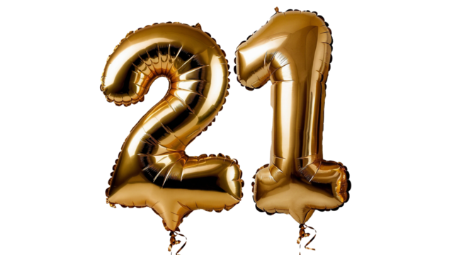 Golden foil number twenty one Balloon 3d model for Celebrations or invitations
