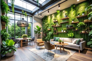 Naklejka premium Vertical Gardens at Home: Indoor Greenery, Eco-Friendly Decor, and Space-Saving Solutions for Modern Living Spaces