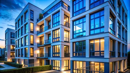 Obraz premium Elegant Low Light Photography of Blue Modern Windows on a White Contemporary Condominium Showcasing Urban Architecture and Design at Dusk