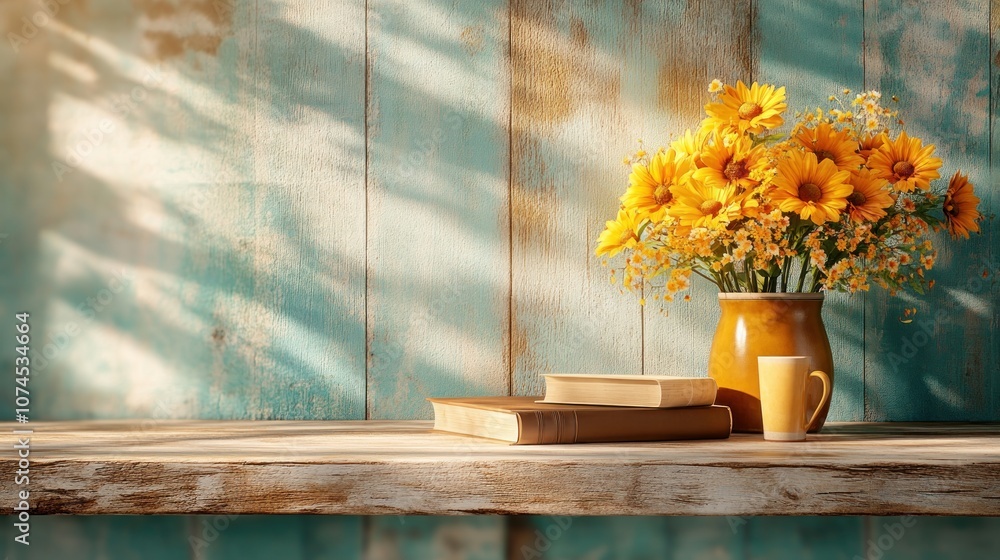 Aufkleber brighten your space with colorful flowers and books on a rustic shelf
