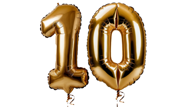 Golden foil number ten Balloon 3d model for Celebrations or invitations