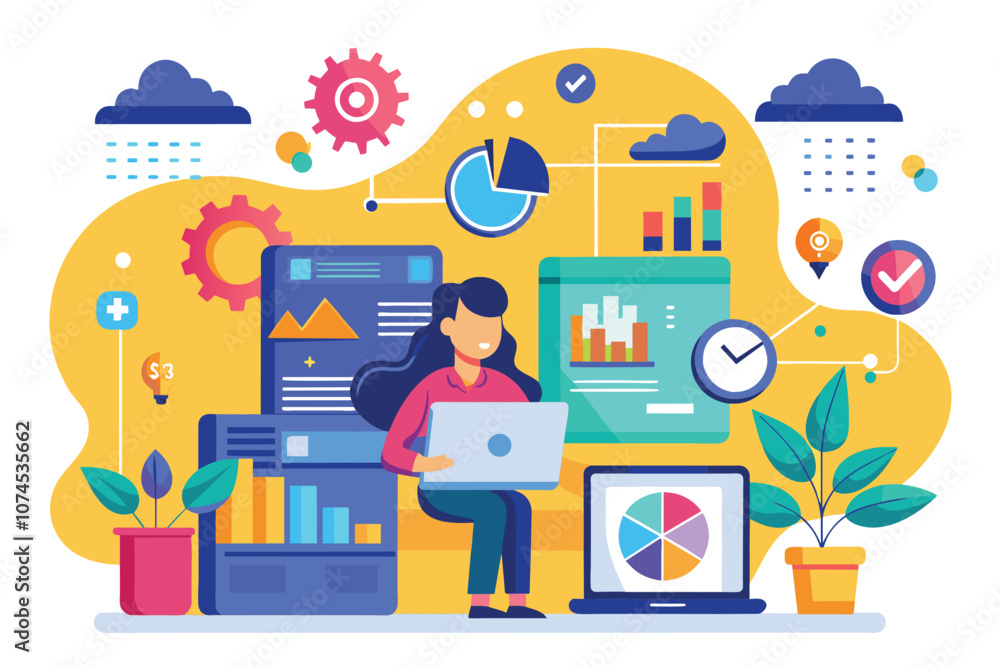 Poster a person uses a laptop to analyze data while surrounded by graphs, charts, and colorful visuals mana