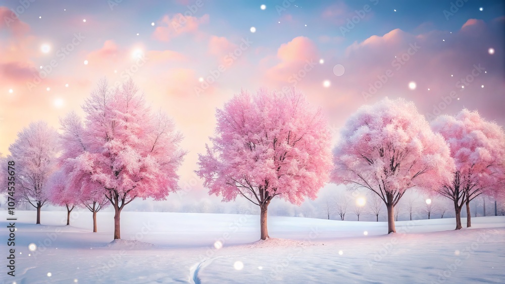 Aufkleber enchanting blurred snowy scene with soft pink trees in bokeh effect capturing the serenity of winter