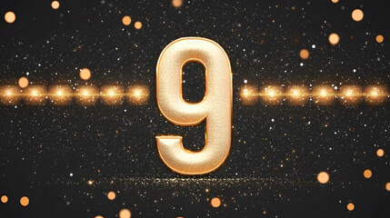 Elegant golden number nine on dark background
