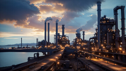 Fototapeta premium A large industrial complex at dusk, with many tall structures