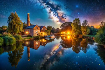 Enchanting Nighttime Scene Over Folly Island Near Hertford Brewery, Capturing the Beauty of Twinkling Lights and Serene Waters in Hertfordshire's Idyllic Landscape