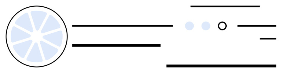 Abstract design with a blue circular shape, horizontal black lines, and small circular elements. Ideal for business presentations, modern art, web design, infographics, branding concepts, visual