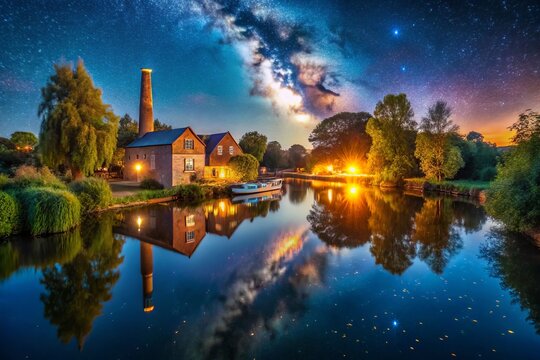 Enchanting Nighttime Scene Over Folly Island Near Hertford Brewery, Capturing the Beauty of Twinkling Lights and Serene Waters in Hertfordshire's Idyllic Landscape