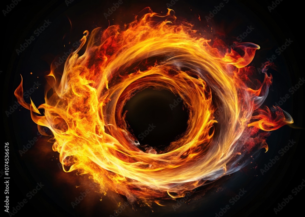 Poster energetic swirl of flames creating a circular design on a black background with vibrant colors and i