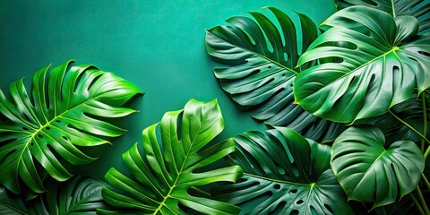 Vibrant Tropical Monstera Foliage with Lush Greenery and Copy Space for Text Overlay