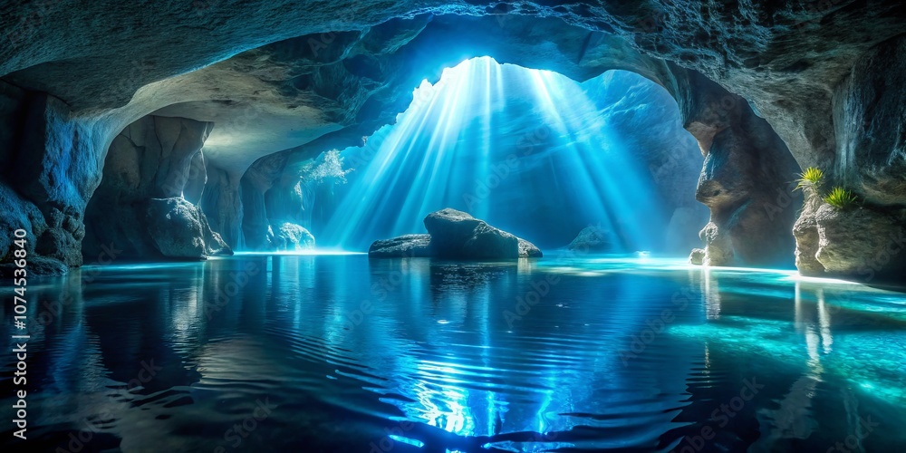 Poster enigmatic underwater grotto with bioluminescent light and minimalist architecture creating a serene 
