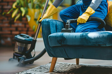 Obraz premium cropped view of cleaner in overalls cleaning plant in office, panoramic shot