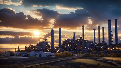 A large industrial complex at dusk, with many tall structures