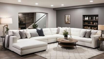 A high-angle picture of a newly remodeled basement featuring modern features like a wide white sectional sofa and a wood-look