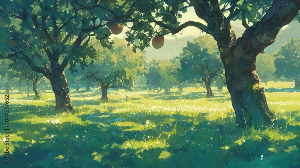 Poster in the orchard the apple trees led with the morning dew resembling a field of diamonds in the soft l
