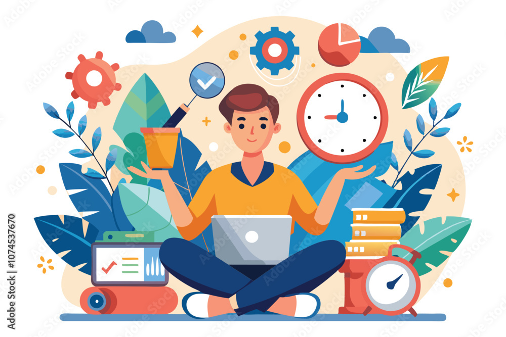 Poster a person focuses on managing time and tasks while surrounded by plants and productivity tools managi