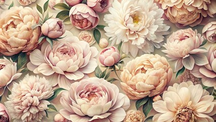 Vintage Floral Pattern of Lush Peonies in Soft Pastel Pink and Creamy Beige for Spring and Summer Textile Design