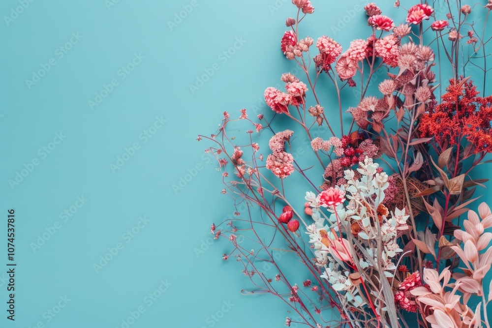 Poster a collection of flowers sitting on a blue surface, ideal for use in designs and projects where a pop