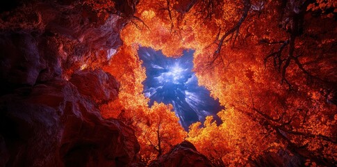Unforgettable canyon adorned with vibrant autumn foliage, showcasing nature's breathtaking seasonal transformation.