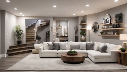 A high-angle picture of a newly remodeled basement featuring modern features like a wide white sectional sofa and a wood-look
