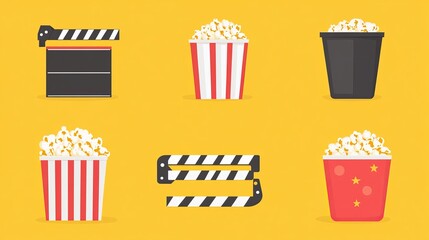 Icon set featuring a large open clapperboard movie reel and popcorn in flat design on a yellow background