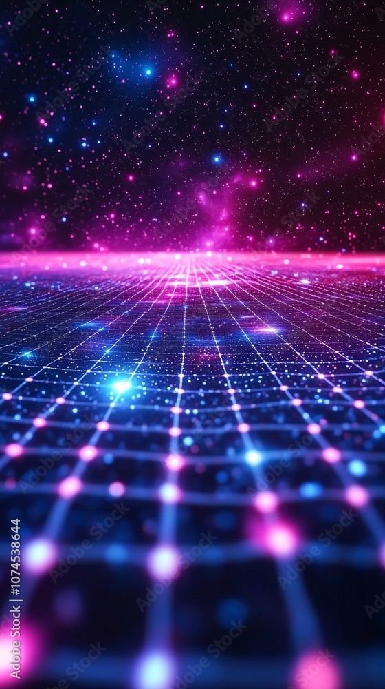 Poster a futuristic cityscape illuminated with blue and purple neon lights representing digital transformat