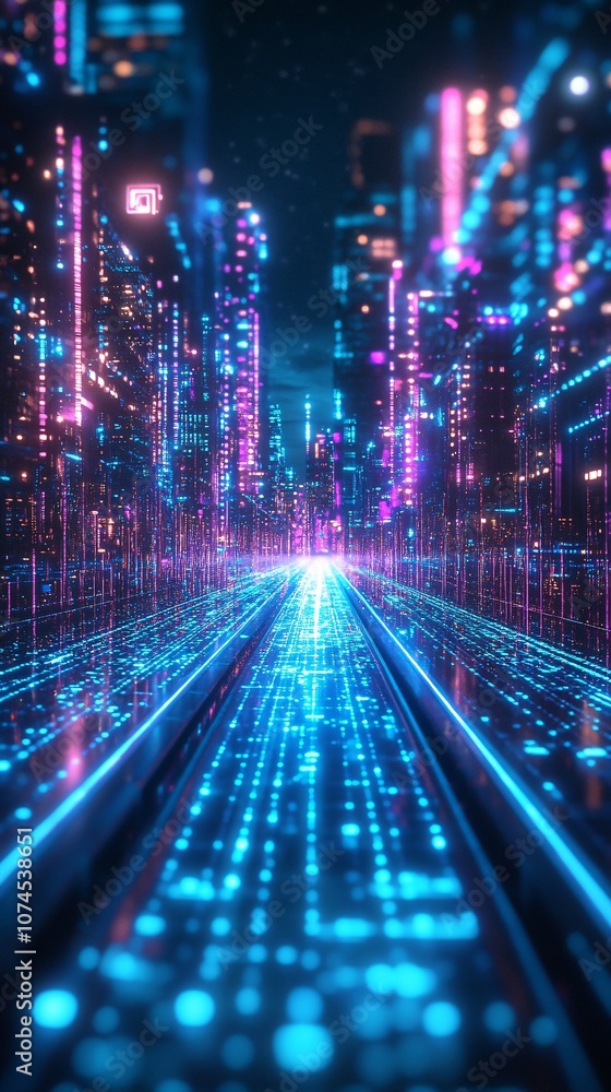 Aufkleber a futuristic cityscape illuminated with blue and purple neon lights representing digital transformat