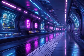 A bustling subway station at night with vibrant neon lights illuminating the walls
