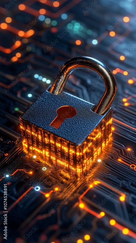 Poster A cybersecurity concept with a padlock icon over a digital code background representing data protection and privacy in technology with side empty space for text Stockphoto style